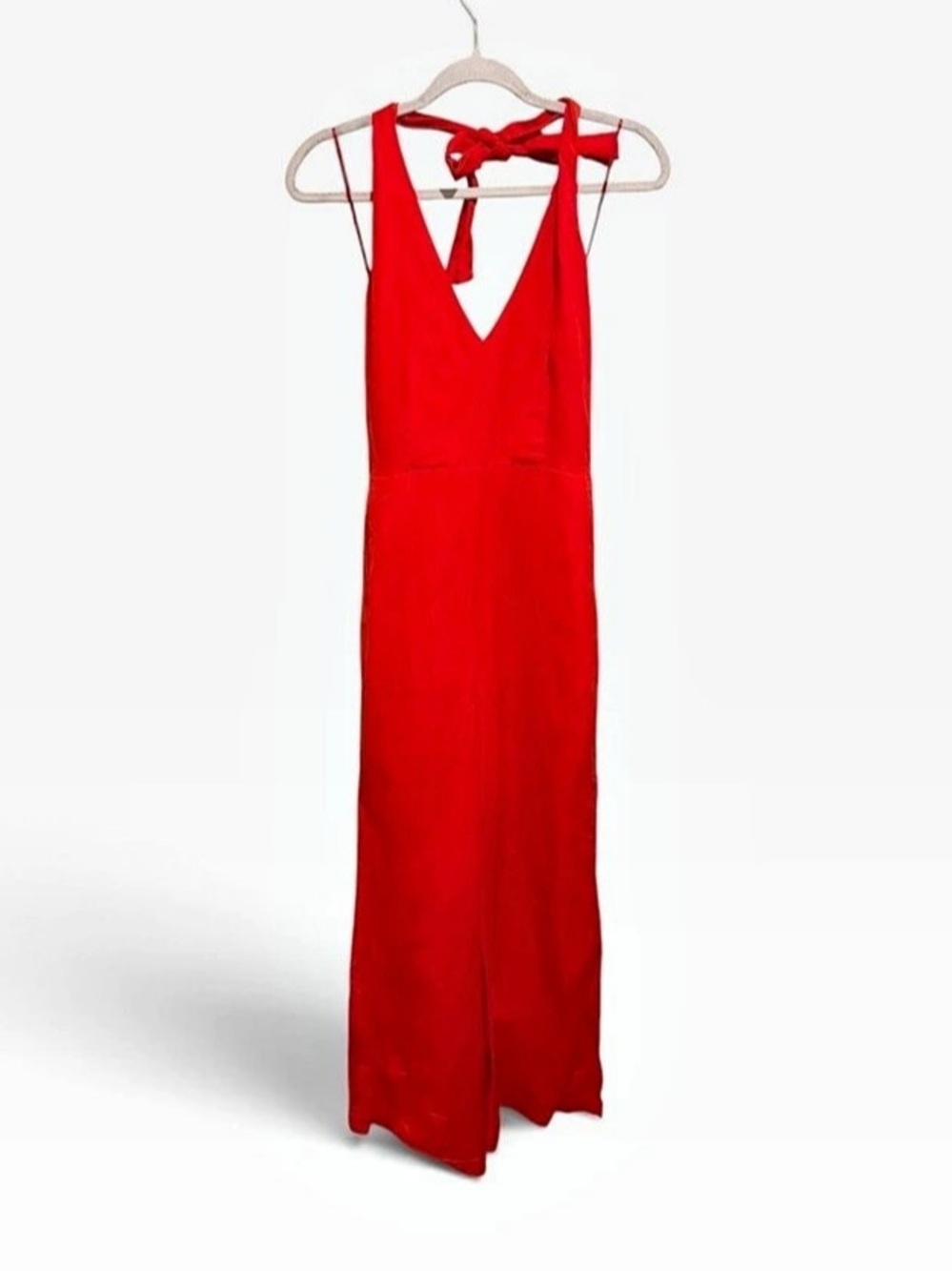 Ann Taylor Red Linen Blend Halter V Neck Wide Leg Jumpsuit Size 2